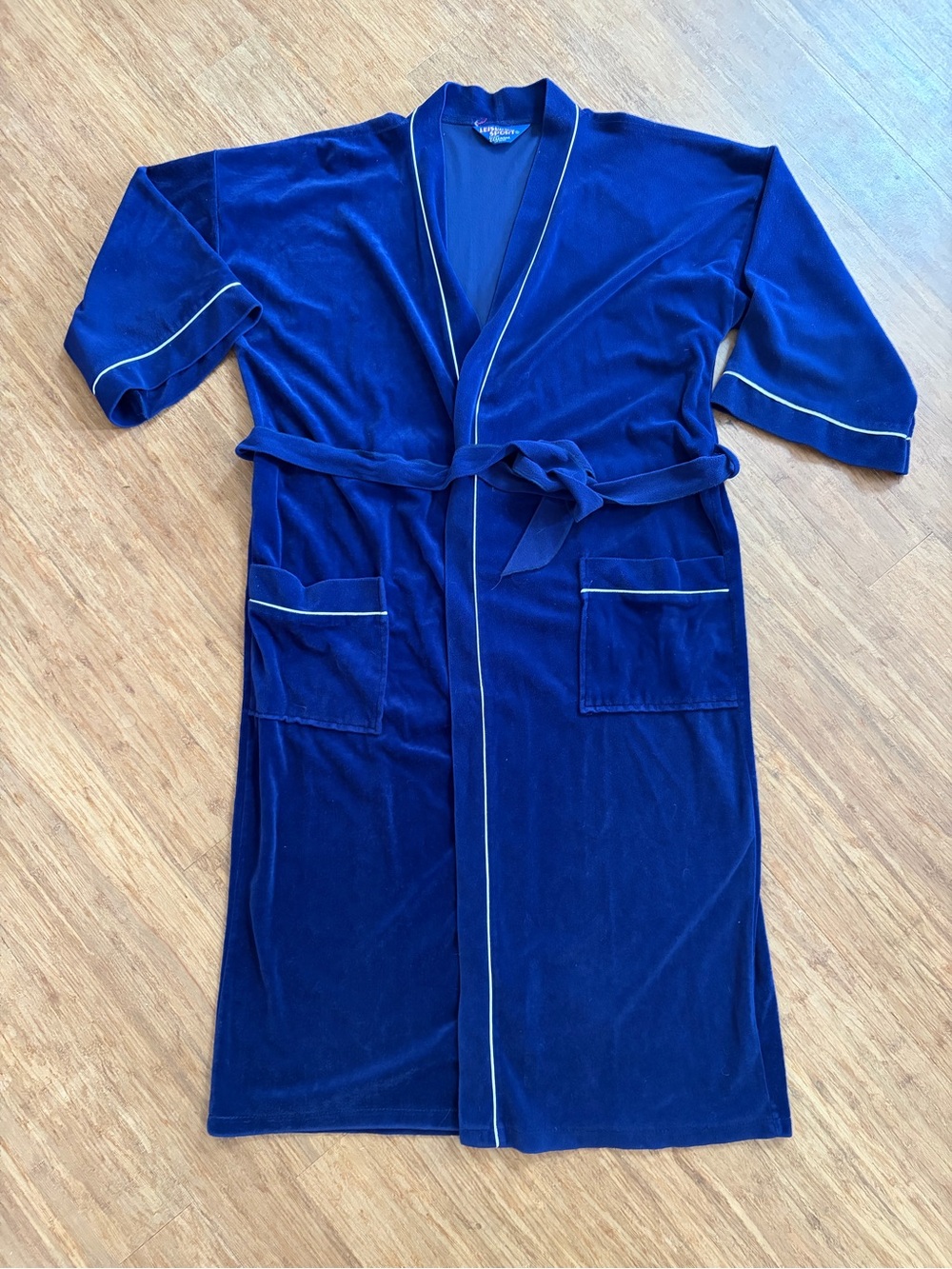 Vintage Leisure Sport Blue Velour Bathrobe navy Blue Kimono Robe White Piping